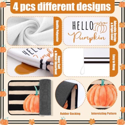 Fanfanwin 10 Pcs Fall Pumpkin Kitchen Decor Set Kitchen Towels Pot Holders Oven Mitts and Rugs Set Thanksgiving Towels for Baking Cooking BBQ Autumn Home(Stripe Pumpkins,Black, White, Orange,10)
