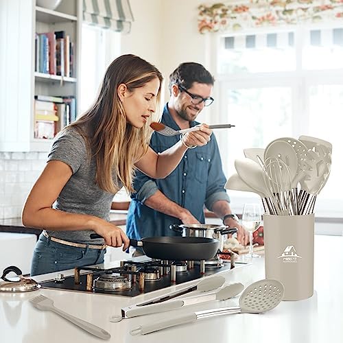 MIBOTE Silicone Kitchen Cooking Utensils Set, Steel Handle, Khaki