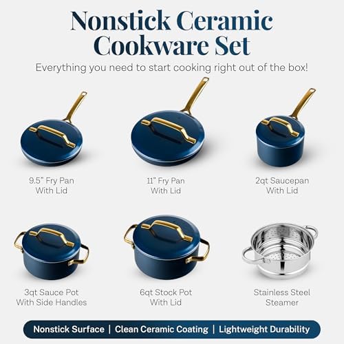 Gotham Steel Modern 11 Pc Ceramic Cookware Set, Elegantly Designed Pots and Pans Set Non Stick with Steamer, Induction Bottom, Premium Stay Cool Handles, Non Toxic PFOA Free, Oven & Dishwasher Safe