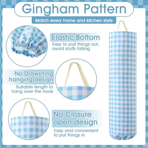 Gingham Plastic Bag Holder for Grocery Bag, Light Blue