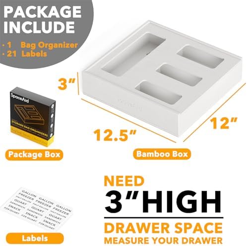 SpaceAid Bag Storage Organizer for Kitchen Drawer, Bamboo Organizer, Compatible with Gallon, Quart, Sandwich and Snack Variety Size Bag (1 Box 4 Slots), White