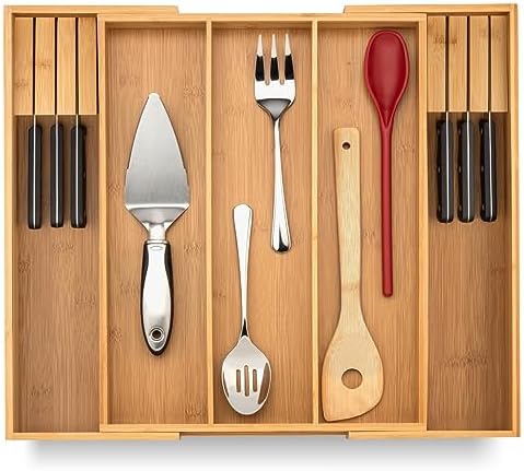 Purawood Kitchen Drawer Organizer with Knife Blocks - Utensil Drawer Organizer for Kitchen, Cutlery Tray & Silverware Organizer, 3-5 Slots - Bamboo Organizer for Utensils & Flatware (Natural)