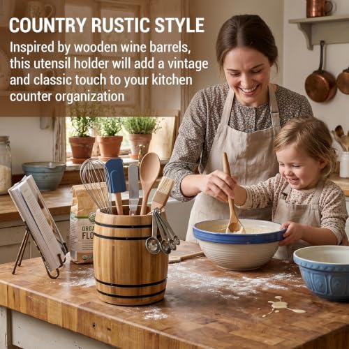 MyGift Wine Barrel Design Kitchen Utensil Crock, Light Brown Solid Bamboo Wood Cooking Tool Holder