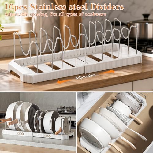 1 Pack Expandable Pots and Pans Organizer Under Cabinet, 13-22" Kitchen Cabinet Organizer with 10 Adjustable Dividers and 10Pcs Pot Protectors for Lids, Baking Sheets & Cookware (1, White)