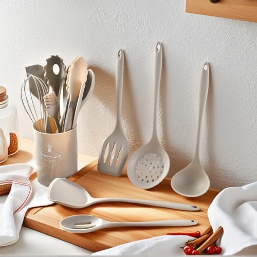 Silicone Kitchen Utensils Set - 15 Pieces Non Toxic Silicone Utensils Set For Cooking，428°F Heat Resistant Food Grade Kitchen Tools，Dishwasher Safe(Khaki, 15 Piece Set)