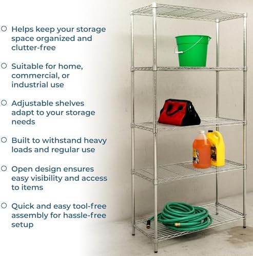 Honey-Can-Do 5-Tier Heavy Duty Adjustable Shelving Unit, 350-lb Per Shelf Metal Storage Rack, Chrome Wire Shelf for Garage Kitchen Basement Pantry, 36 x 16 x 72 in