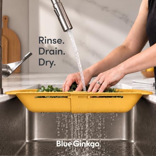 Blue Ginkgo Over Sink Colander, Extendable Kitchen Strainer, Yellow