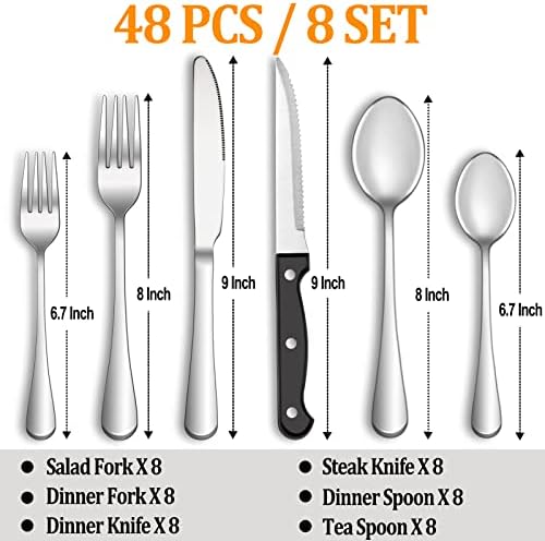 48 Pcs Silverware Set with Steak Knives for 8, Stainless Steel Flatware Set, Mirror Polished Cutlery Utensil Sets, Home Kitchen Eating Tableware Sets, Dishwasher Safe