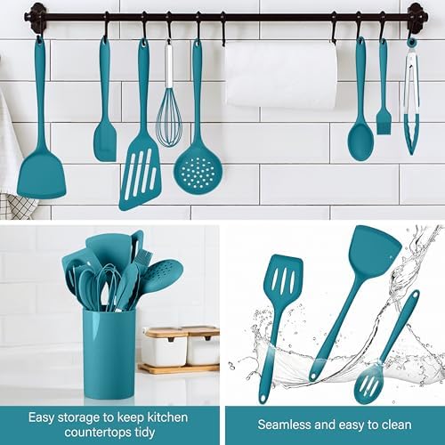 HaWare 11 PCS Silicone Cooking Utensils Set, Heat Resistant Kitchen Utensils with Holder, Food-grade Spatula Sets for Nonstick Cookware, Kitchen Tools Gadgets Include Fish Turner, Spoon (Blue)