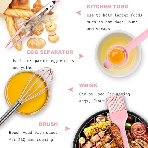 Silicone Kitchen Utensils Set - 428°F Heat Resistant Cooking Utensil Sets，Spatula,Turner,Tongs,Spoon,Whisk,Kitchen Utensil Gadgets Tools Set for Non-Stick Cookware，Dishwasher Safe BPA Free（Pink）