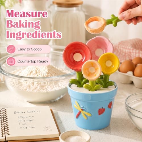 Cute Flower Ceramic Measuring Spoons Set with Base, Kitchen Decorate Gifts