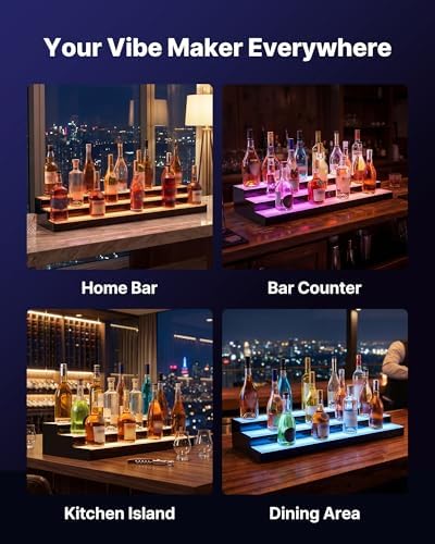 VEVOR LED Lighted Liquor Bottle Display, 3 Tiers 40 inches, Acrylic Illuminated Home Bar Shelf Display with RF Remote & App Control, DIY Setup with Type-C Cables, 9 Static Colors, for 30-39 Bottles
