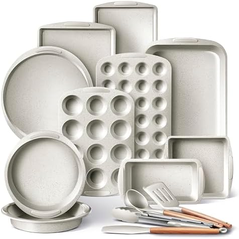 Country Kitchen Nonstick Stackable Bakeware Set - Durable, Easy Release Baking Set, Cream, 14 Pcs