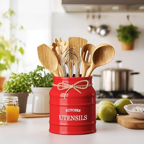 Barnyard Designs Ceramic Kitchen Utensil Holder Countertop 6.75″ (Red)