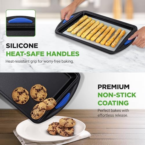 NutriChef 3-Piece Nonstick Cookie Sheets for Baking – Carbon Steel Stackable Bakeware Set w/ Silicone Handles - Non Toxic Baking Pan - Durable & Wrap Resistance, Oven Safe - Easy cleanup