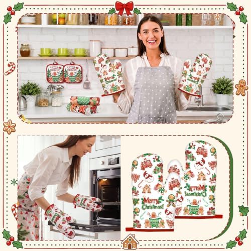 Fanfanwin 10 Pcs Christmas Gingerbread Man Kitchen Decor and Accessories Set Kitchen Towels Pot Holders Oven Mitts and Rugs for Baking Cooking BBQ Mom Housewarming Gifts