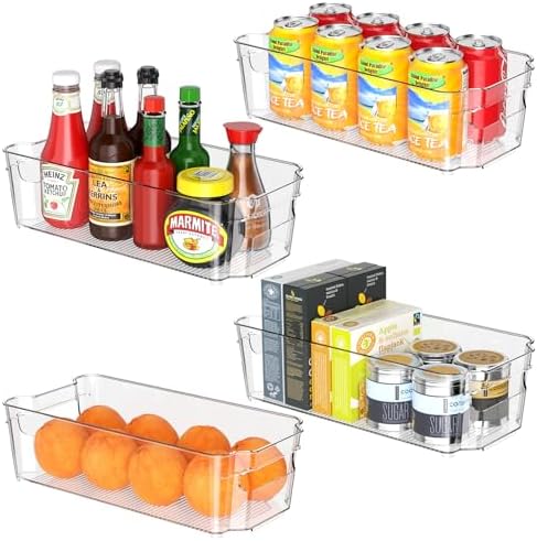 Clear Fridge Organizer, Refrigerator Organizer Bins with Handle, Freezer, Kitchen Cabinet, Pantry Organization, BPA Free Fridge Organizers (12.4 inch 4 Pack)