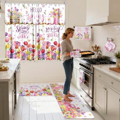 13 Pcs Hello Spring Kitchen Decor Set 3 Floral Kitchen Curtains Valance 2 Tulip Rugs and Mats 4 Spring Hand Towels 2 Paste Pot Holders 2 Oven Mitts for Home Decor Cooking Grilling Housewarming Gift