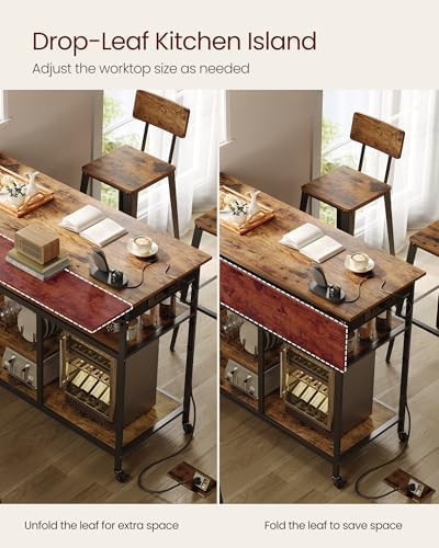 VASAGLE Kitchen Island with Drop Leaf, Power Strip, Pegboard, 47.2" Width