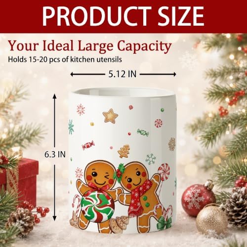 Christmas Gingerbread Man Ceramic Utensil Crock, Farmhouse Xmas Kitchen Utensil Holder, Countertop Storage Organizer, Christmas Decor Caddy for Spatulas, Baking Gadgets & Cooking Tools