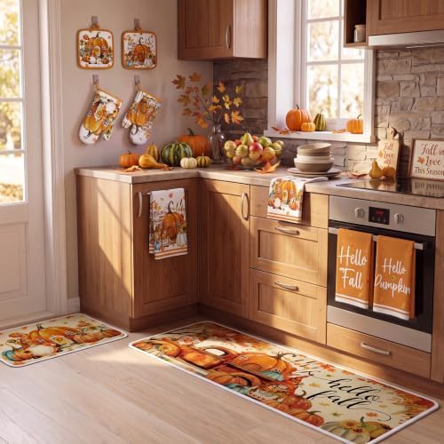 Fanfanwin 10 Pcs Fall Pumpkin Kitchen Decor Set Kitchen Towels Pot Holders Oven Mitts and Rugs Set Thanksgiving Towels for Baking Cooking BBQ Autumn Home(Maple Leaf,White, Orange,10)
