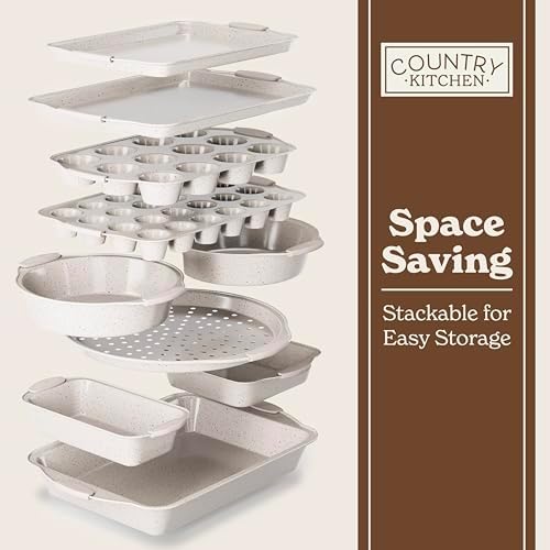 Country Kitchen Nonstick Stackable Bakeware Set - Heavy Duty, Durable, Easy Release Baking Set, Cream, 10 Pcs
