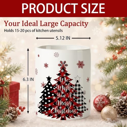 Christmas Tree Ceramic Utensil Crock, Farmhouse Xmas Kitchen Utensil Holder, Holiday Countertop Storage Organizer, Christmas Decor for Spatulas & Baking Gadgets, We Wish You A Merry Xmas