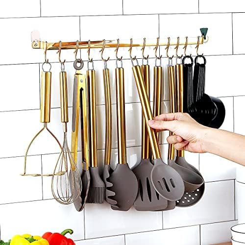 38 Piece Silicone kitchen Cooking Utensils Set with Utensil Rack, Silicone Head and Stainless Steel Handle Cookware, Kitchen Tools for Utensil Sets, Non-Stick kitchen Gadgets, Dishwasher Safe (Gold)