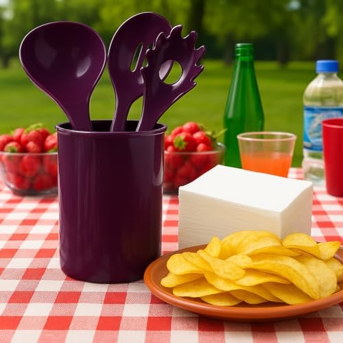 Reston Lloyd 6 Piece Kitchen Utensil Holder for kitchen counter, Utensils crock with Heat Resistant Spoon, Slotted Spoon, Ladle, Spatula BPA Free, Plum