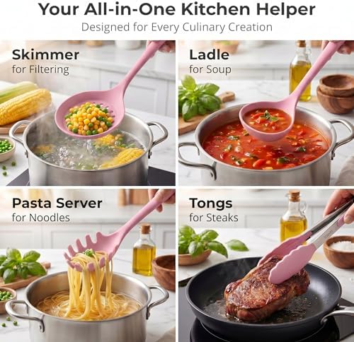 Vayvnt Cooking Utensils Set, 10PCS Non Toxic Silicone Set for Kitchen, Pink