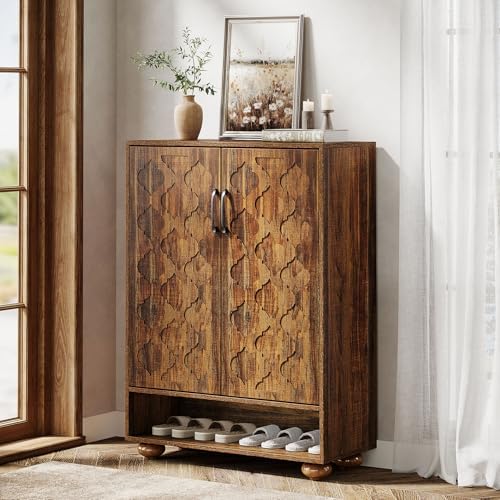 Tribesigns Shoe Cabinet for Entryway, Farmhouse Tall Shoe Cabinet with Doors and Adjustable Shelves, Solid Wood Shoes Storage for Hallway, Foyer, Living Room, Walnut