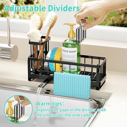 HapiRm Sponge Holder for Kitchen Sink - Self-draining Sink Caddy with Brush and Dishcloth Holders, Stainless Steel Kitchen Countertop Organizers and Storage Essentials - Black
