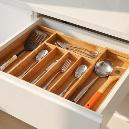 Utoplike Bamboo Cutlery Silverware Tray, Small Utensils Drawer Organizer
