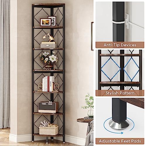 Tribesigns 7-Tier Corner Shelf, 78.7” Extra Tall Corner Bookcase, Industrial Slim Corner Bookshelf for Small Narrow Space, Wood Corner Shelf Stand Storage Rack for Living Room, Home Office