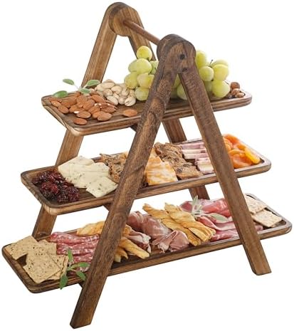 Gibson Home Truss Peak 3 Tier Serving Tray for Party, 18" Acacia Wood Cupcake/Charcuterie/Dessert Farmhouse Tiered Platters with Collapsible Wood Rack