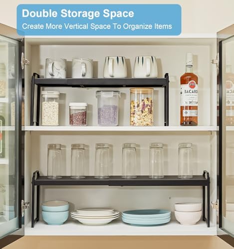 1 Pack Expandable Cabinet Countertop Shelves, Stackable Shelves Organizers For Kitchen Cabinet Countertop Storage, Adjustable Counter Cupboard Pantry Organizer Shelf Rack Stand, Length:25.5"