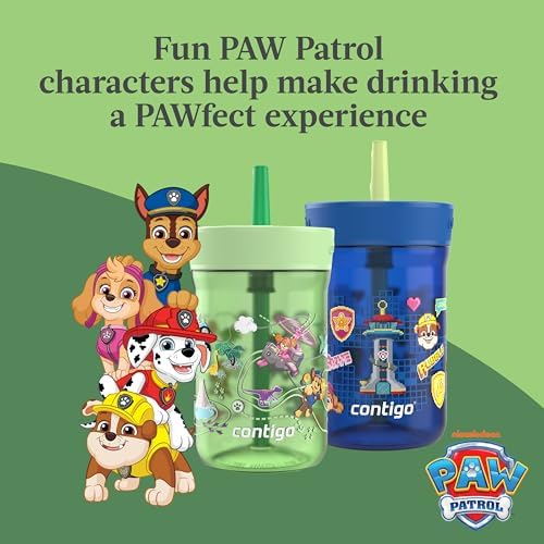 Contigo Kids Leighton Spill-Proof 2-Pack Paw Patrol Tumbler with Straw, 14oz, Power Pups and Dino Treks, Green and Blue