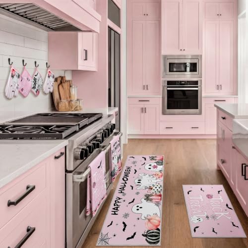 Fanfanwin 10 Pcs Halloween Kitchen Decor Pink Ghost Kitchen Rugs Set