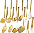 304 Stainless Steel Small and Large Spoons Set, Gold Cooking Utensils Set 12 PCS All Metal Kitchen Tools, stainless steel cookware set -Whisk, Fork, Tongs, Turner, Ladle, Spatula，Skimmer, Pasta