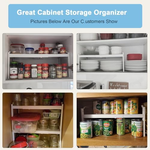 2 Pack Stackable Expandable Shelves For Kitchen Cabinet Countertop Storage, Adjustable Counter Cupboard Pantry Organizer Shelf Rack Stand, Length:25.5 Inch
