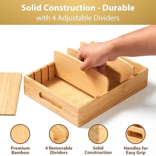 Umilife Bamboo Food Container Lid Organizer for Kitchen Cabinet and Drawer