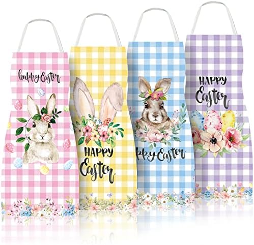 Whaline 4 Pack Happy Easter Aprons Buffalo Plaid Chef Cooking Aprons Colorful Bunny Egg Flower Adjustable Washable Kitchen Apron Collection for Spring Dinner Baking BBQ Grilling Supplies
