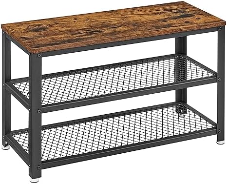 VASAGLE 3-Tier Shoe Rack, Storage Bench with Metal Mesh Shelves and Seat