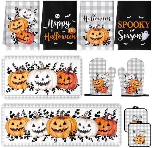 Fanfanwin 10 Pcs Halloween Kitchen Decor Set Pumpkin Kitchen Rugs