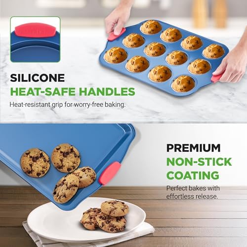 NutriChef 8-Piece Bakeware Set - Nonstick Carbon Steel Baking Pans with Red Silicone Handles, Blue Coating, Durable & Stain-Resistant, Perfect for Baking Cakes, Muffins, Cookies (Blue)
