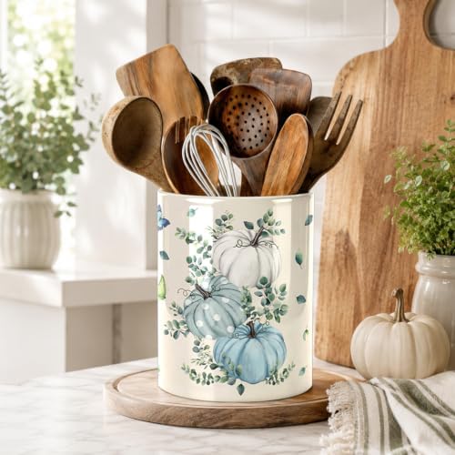 Fall Blue Kitchen Utensil Holder, Pumpkin Large Ceramic Utensil Holder For Kitchen Organizer, Autumn Farm 6.3'' Cooking Utensil Crocks Rustic Decor Utensil Storage Cup for Countertop
