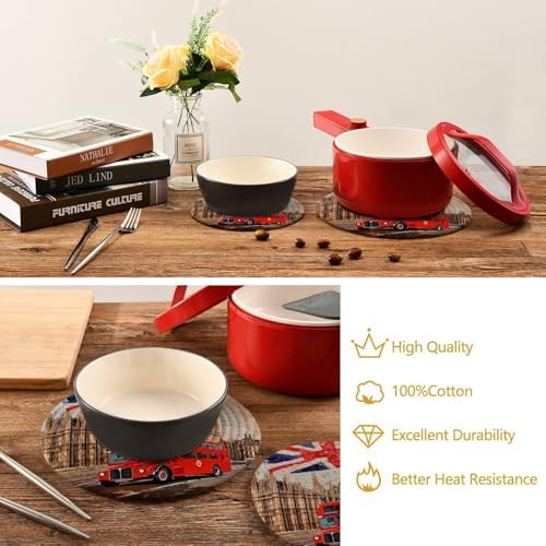 Gorgeous 2 Pcs Woven Potholders Trivets Set, Retro London Big Ben Red Bus British Round Hot Mats Coasters Placemats for Kitchen Cooking Baking Hot Dish Pan Pot Bowl Teapot(7&9 Inches)