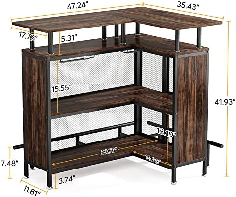 Tribesigns Home Bar Unit, L-Shaped Bar Table with Stemware Racks and 2-Tier Shelves, Corner Mini Coffee Liquor Cabinet with Footrest for Home/Kitchen/Pub, Rustic Brown
