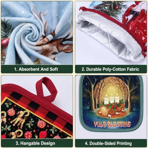 FoldTier 6 Pcs Yule Kitchen Decor Set Christmas Towel Pot Holder Oven Mitts