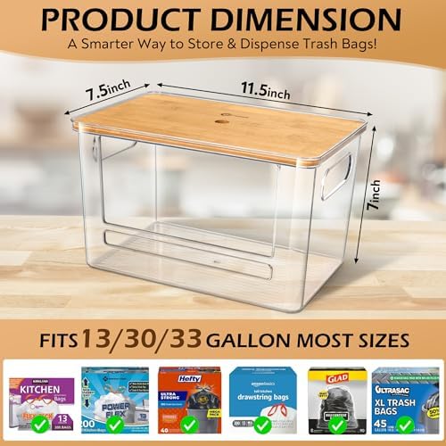 Stackable Trash Bag Dispenser with Wooden Top for Holding 13/30/33-Gallon Large Bag Sizes – Extra-Large Garbage Bag Holder with Anti-Slip Base, Trash Bag Dispenser Under Sink (11.5"x7.5"x7")
